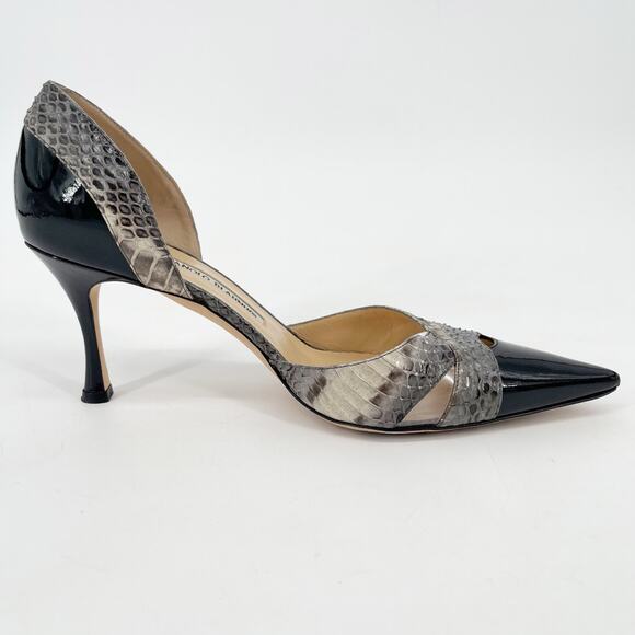 Manolo Blahnik Black Patent Snakeskin Plexi D’Orsay Pointed Toe Heels IT 40 - Picture 3 of 13